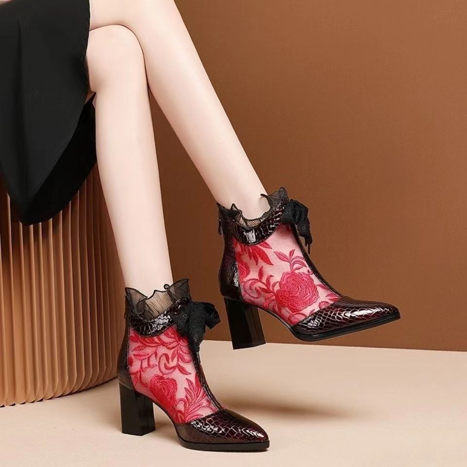 Darianrojas Ethnic Embroidery Flower Women High Boots ,Summer Mesh Shoes,Ankle Botas,Pointed Toe,Hollow out