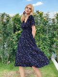 Chiffon Dress Summer Dress  Retro Yellow Red Floral Print Female Casual V-neck Short-sleeved A-line Beach Long Robe Dress