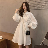 QWEEK Shirt Dress Women Korean Style Polo Collar Black Long Sleeve Wrap Mini Dress Casual Solid Kpop Clothes Woman