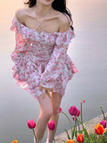 Darianrojas Off Shoulder Floral Y2k Mini Dress Woman French Elegnat Short Party Dress Summer Casual Sweet Sexy One Piece Dress Korean