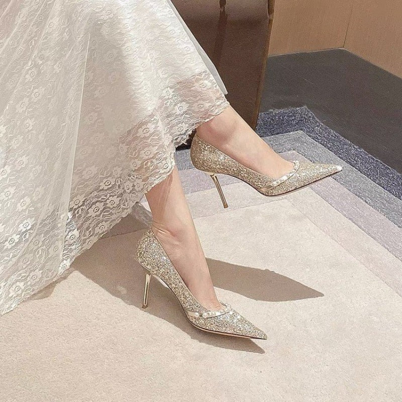 Darianrojas Gold Silver Heels Women Shoes Pumps Wedding Party Bridal Shoes Pointed Toe Big Size 42 Glitter 7.5cm Women Mid Heel Shoes