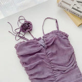 Spaghetti Strap Dress Purple Fairy Dress Princess French Short Lace Ruffle Dresses for Women Summer Femme Robe Sundress