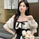 Cropped Blouses Women Ruffles Chic Sweet Vintage French Style Short-sleeve Aesthetic Halter Hot Summer Leisure Fashion Patchwork