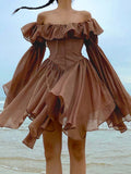 Darianrojas Retro Chic Brown Corset Pleated Summer Dress Off Shoulder Fashion Ruffles Patchwork Beach Women's Dress Sexy Sundress