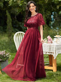 Women's Burgundy A-Line Sequin Mesh Leaf Maxi Prom Dress Sparkle Evening Dresses O-Neck Short Sleeve Long Dress