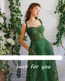 Darianrojas Green Lace Long Prom Dresses Sweetheart Spaghetti Straps Flowers A-Line Evening Gowns Formal Party Dress