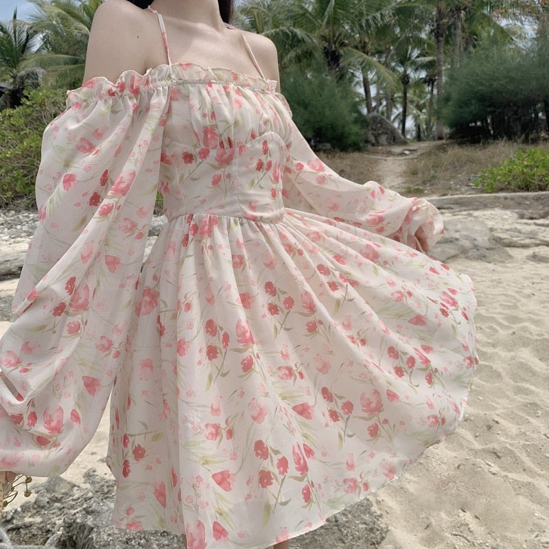 Darianrojas Summer Floral Dress Women Slash Neck Female Long Sleeve Fairy Dress Off Shoulder Pink A-line Elegant Beach mini Dresses