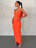 Orange Backless Maxi Dress Women Elegant Fashion Ruffles Bodycon Evening Party Dress Sexy Strap Ruched Birthday Club Outfit