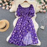 YuooMuoo Fast Shipping Women Dress Fashion Romantic Floral Print Split Long Summer Dress Puff Sleeve Party Korean Vestidos