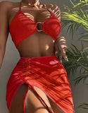 Sexy Halter Neck Split Three-piece Swimsuit Skirt Drawstring High Waist Lace-up Slim Bikini Solid Stitching Swimsuits Woman