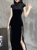 Goth Dark Romantic Gothic Velvet Aesthetic Dresses Vintage Women Black Bandage SlitHem Bodycon Dress Sexy Evening Wear Cheongsam
