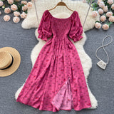 YuooMuoo Fast Shipping Women Dress Fashion Romantic Floral Print Split Long Summer Dress Puff Sleeve Party Korean Vestidos