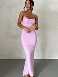 Pink Backless Sexy Maxi Dresses for Women Spaghetti Strap Ruched Bodycon Dress Wedding Evening Party Dress Elegant Luxury
