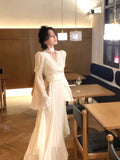 Fairy Pure Color Midi Dress Woman French Elegant Evening Party Dress Long Sleeve  Spring One Piece Dress Korea Fashion Chic