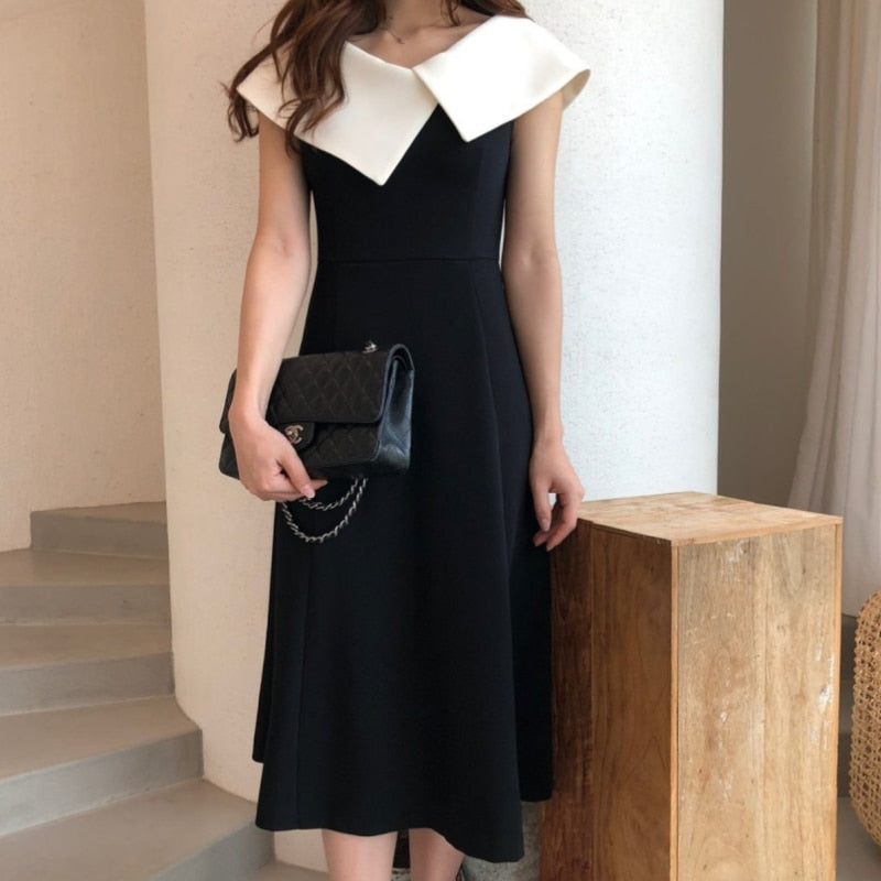 Big Collar Patchwork A A Line Dress Midi Black Vestidos Verano  Elegant Office Jurk Korean Style Women Retro Robe De Soiree
