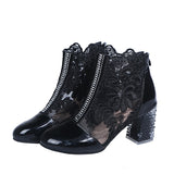 Darianrojas New Woman Mesh Black Ankle Boots for Women Summer Square Heels Boots Sandal Ladies Round Toe Lace Boots O478