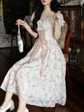 Summer Korean Fashion Lace Fairy Dress Women Square Collar Princess Kawaii Floral Print Dress Female Bandage Sweet Dress