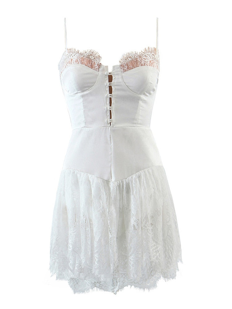 Sexy Solid White Stitching Lace Bra Corset style Spaghetti Strap Mini Dress Women Backless Party Skater Short Sling Robe