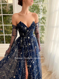 Darianrojas Glitter Navy Blue Starry Tulle Maxi Prom Dresses Sweetheart High Slit A-Line Evening Party Dresses Formal Prom Gowns