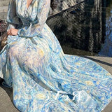 Darianrojas Luxurry Button Van Gogh Starry Painting Print Ruffles Long Dress Women Vintage Robes Long Sleeve V Neck Party Vestidos
