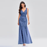 Sleeveless V-neck Tulle Sequins Cocktail Dresses V-back Mermaid Party Prom Gowns  Plus dresses woman party night