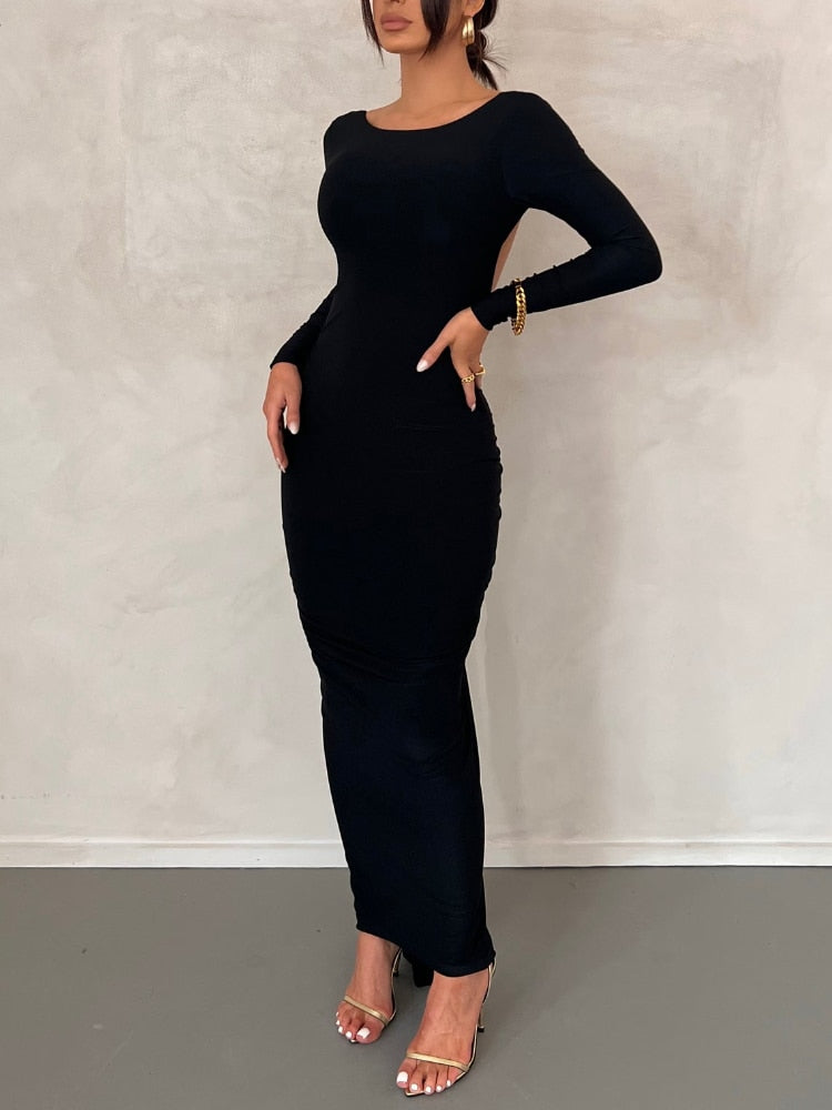 White Maxi Dress Women Sexy Backless Draped Bodycon Dresses Autumn Winter Elegant Long Sleeve Evening Party Dress  Outfits