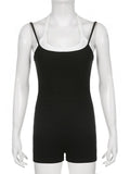 Summer Sexy Playsuit Black White Color Blocking Fake 2 Pcs Set Outfits Rompers Y2k Jumpsuit Women U-neck Straps Skinny Bodysuits
