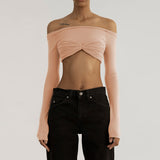 Mesh Sheer Off-Shoulder Top Shirt For Women New Long Sleeve See-Through Lace Knit Pullover Tops Summer Mesh Top Tee Shirt