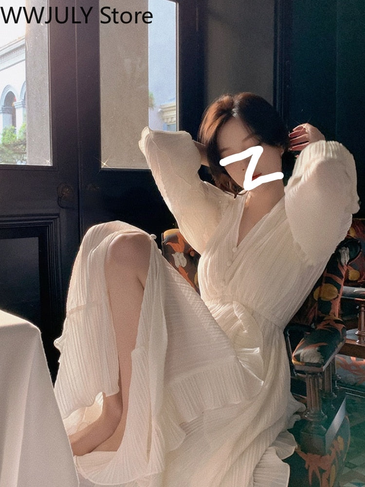 Pure Color French Elegant Dress Woman Long Sleeve Fairy Midi Dress Casual  Summer Slim Party One Piece Dress Korean Design