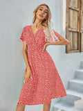 Chiffon Dress Summer Dress  Retro Yellow Red Floral Print Female Casual V-neck Short-sleeved A-line Beach Long Robe Dress