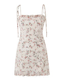Retro French style Summer Light Pink Flower Print Wood ears Slash Collar Mini Dress Sexy Bow Lacing Up Sling Robe Holiday