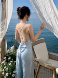 Darianrojas Summer Sexy Ice Blue Satin Strap Backless Silk Strap Dress