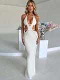 Solid Halter Hollow Out Lace Up Women's Dress Sleeveless Backless Wrapped Hip Dresses Sexy Slim Fit Vacation Prom Party Dress