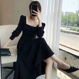 Black Hepburn Dress Women's  High Waist Thin French Square Collar Long Sleeve Little Black Vestidos Elegantes Para Mujer