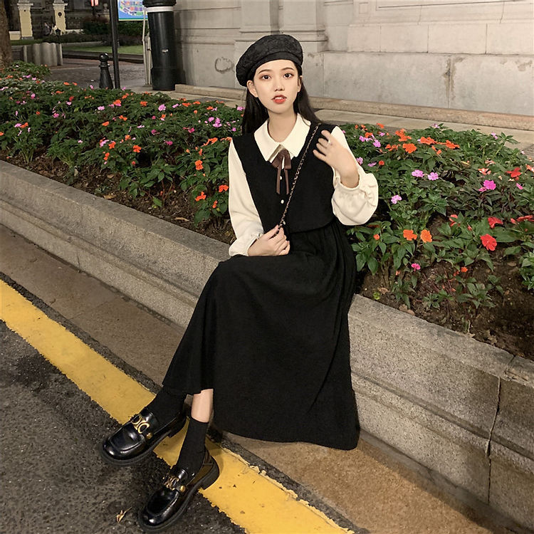Spring and Autumn Long Sleeved Dress Women's Dress New French Retro Temperament Waist Skirt Fashion Casual Two-piece Dress