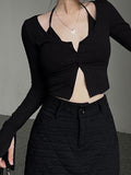 Fashion Y2K Button Up Off Shoulder Flare Sleeve Covers and Halter Tanks 2 Piece Black Tops Korean Style T-shirts