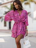 Women Batwing Sleeve Mini Dress Sexy V Neck Boho Floral Print High Waist Loose Dresses Summer Beach Holiday Robe Dress Vestidos