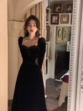 Autumn Slim Black Velvet Dress Casual Korean Fashion Elegant Midi Dress Woman Party Long Sleeve Vintage Lace Dress Design