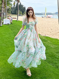 Summer French Elegant Floral Midi Dress Woman Puff Sleeve Vintage Fashion Dress Office Lady Beach Style Party Sundress Chic