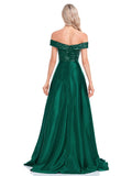 Elegant Sequins Evening Dress Women Off Shoulder Satin Prom Party Green Dress Floor Length A-Line Formal Gown