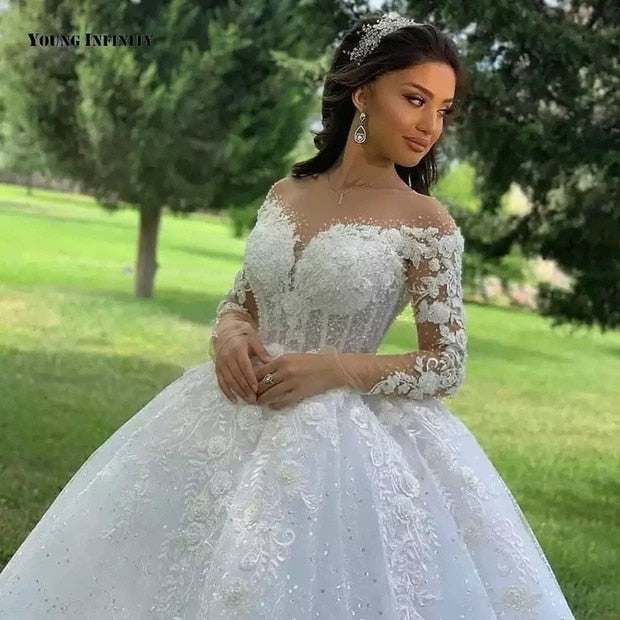 New Wedding Dresses Full Sleeve Wedding Gown Luxury Zipper Back Ball Gown Classic Lace Embroidery  Plus Size