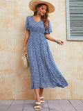 Vintage Boho Print Summer Dress Women Casual Blue Elastic Waist Bohemian Beach Sundress Women Dress Robe Vestidos Female