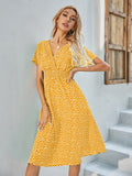 Chiffon Dress Summer Dress  Retro Yellow Red Floral Print Female Casual V-neck Short-sleeved A-line Beach Long Robe Dress