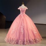 Summer New Pink Quinceanera Dresses Elegant Off The Shoulder Party Dress Sweet Flower Ball Gown Classic Lace Prom Dress