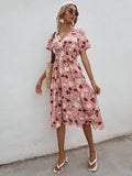 Chiffon Dress Summer Dress  Retro Yellow Red Floral Print Female Casual V-neck Short-sleeved A-line Beach Long Robe Dress