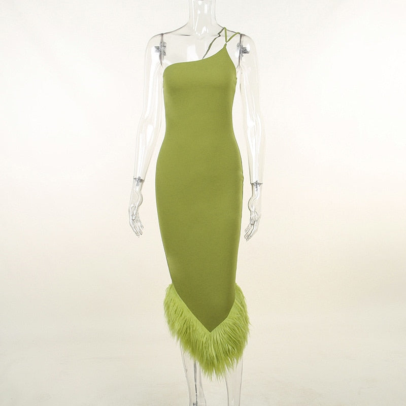 Mozision Elegant One Shoulder Feather Bottom Midi Dress For Women Robe Summer New Sleeveless Bodycon Long Dress Clubwear
