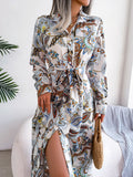 Spring Summer Skinny Long Dress Elegant Vintage Print Shirt Casual Lapel Button Slit Lace Up Long Sleeve Maxi Vestidos