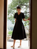 100% Cotton V-neck Summer Dress Women  Office Lady Black Green Casual Zipper Long Skirt