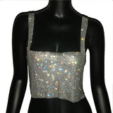 Glitter Nightclub Backless Rhinestone Tank Top Women Sexy Metal Crystal Diamonds Sequined Night Club Party Wear Crop Top
