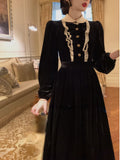 French Vintage Lace Midi Dress Elegant  Autumn Slim Long Sleeve Black Velvet Dress Casual Party Korean Fashion Dress Design